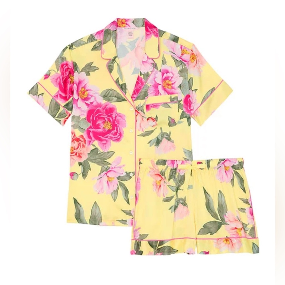 VICTORIA'S SECRET - Glazed Satin Short Pajama Set - Yellow Tulip Floral - NEW